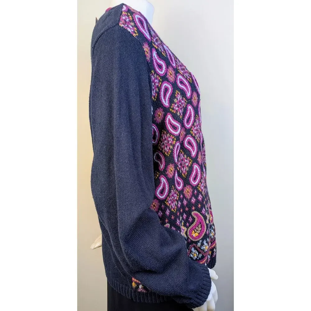 Joan Leslie Cardigan Sweater XL Berry Blue Paisley Embroidered Boho VTG NEW - Picture 4 of 12